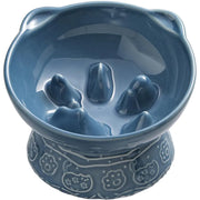 Qcapet Ceramic Cat Slow Feeder Elevated Cat Food Bowl Tilted Design Dog Slow Feeder Bowl no Black Chin Cat Shape Slow Feeder for Dry and Wet Food (Blue)
